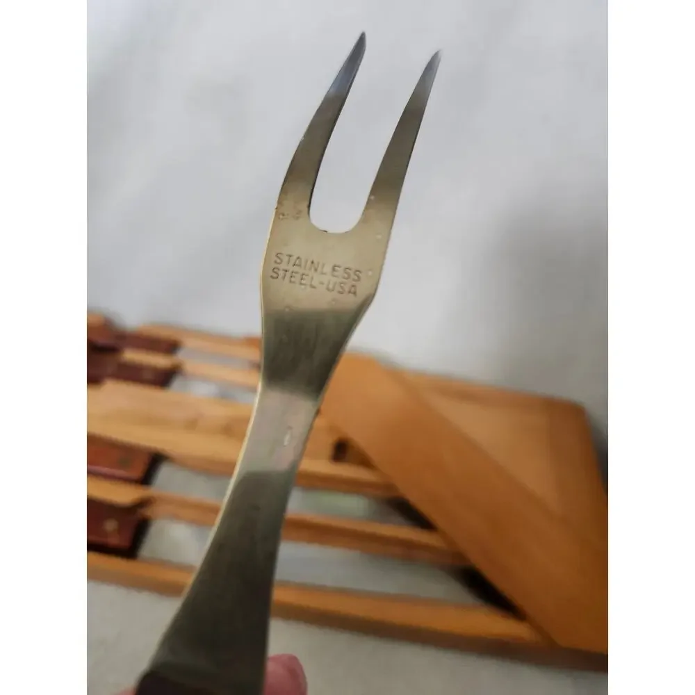 Vintage Real-Keen Wall Hanging Wood Case Knife Set 5 Pc Roast Fork